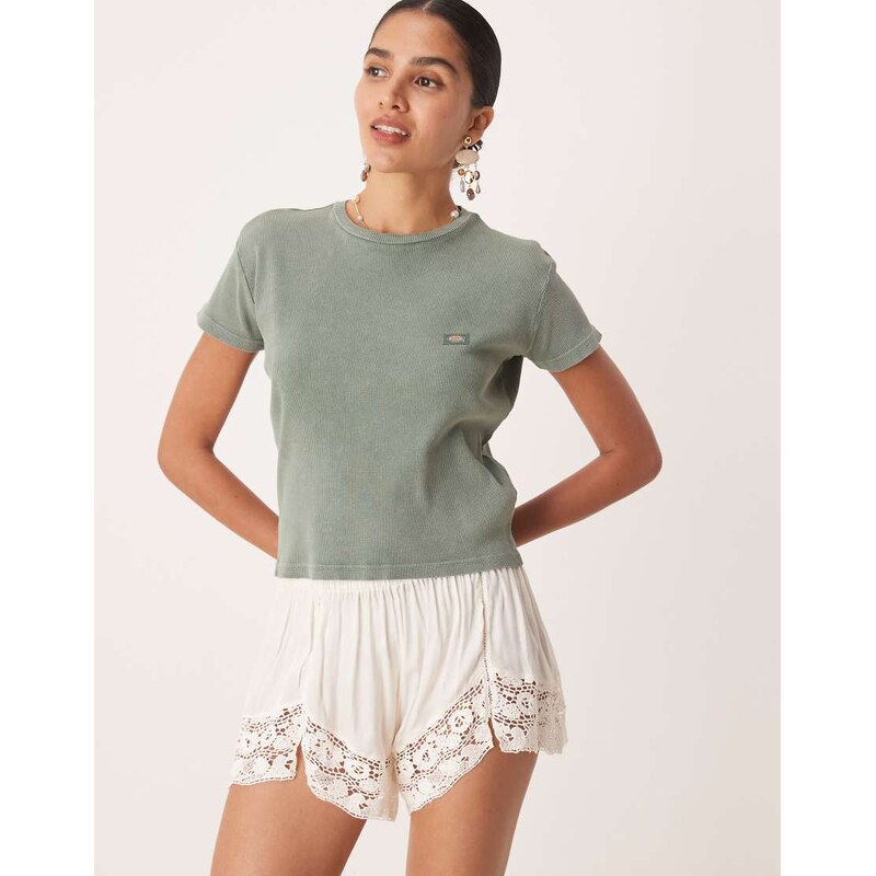 Dickies glacier view ribbed long line baby tee in washed dark green 106451317