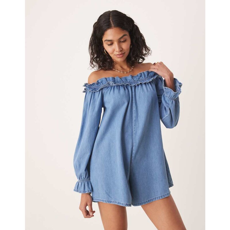 ASOS DESIGN soft denim off the shoulder playsuit with frill