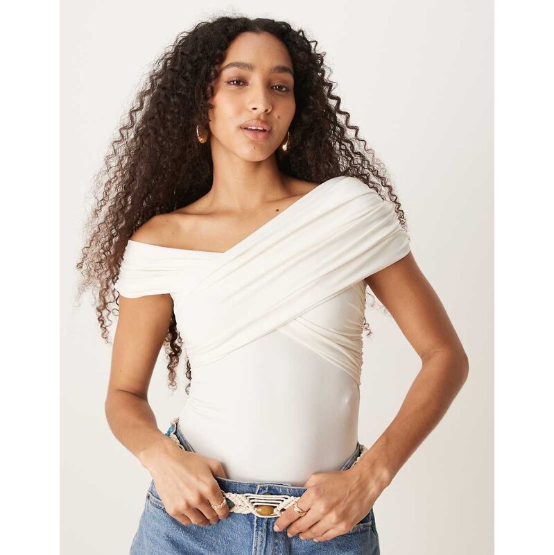 Abercrombie & Fitch off shoulder asymetric wrap bodysuit in white 115530141