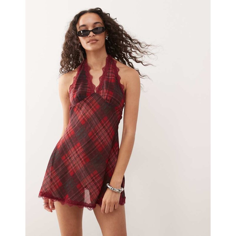 Lioness Stars Align chiffon lace trim mini dress in burgundy plaid 106451447