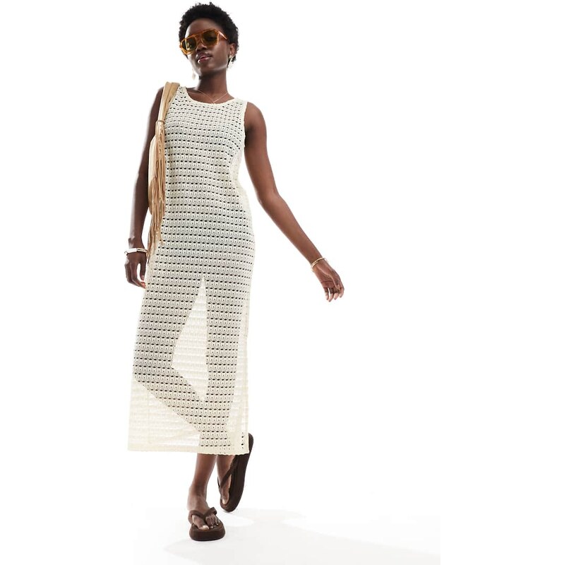 Pieces open knit cover up maxi dress in cream-White 106700216