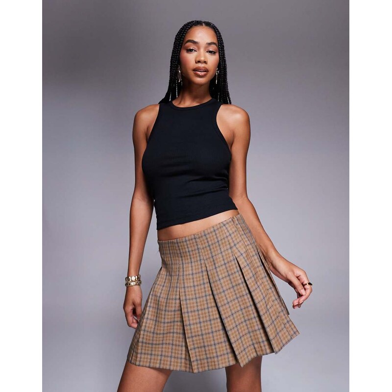 ASOS DESIGN tailored pleated mini skirt in brown check-Multi 106451472