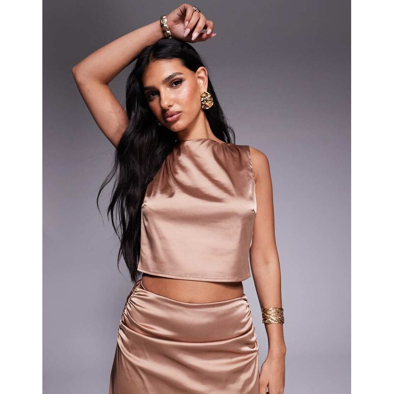 TFNC satin boat neck crop top co-ord in mocha-Yellow 106451488