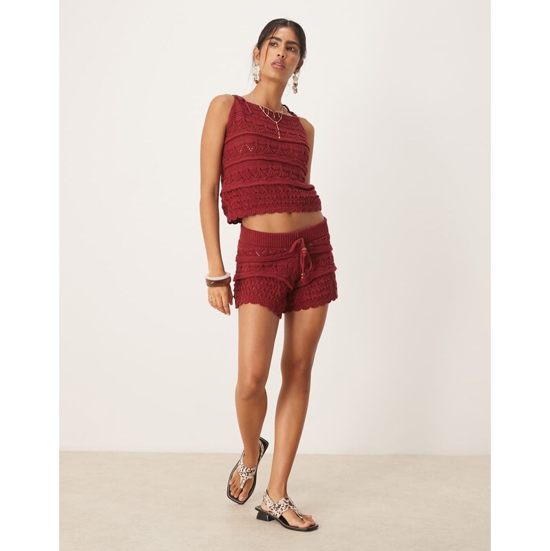 ASOS DESIGN crochet knit short co-ord with beaded front tie in