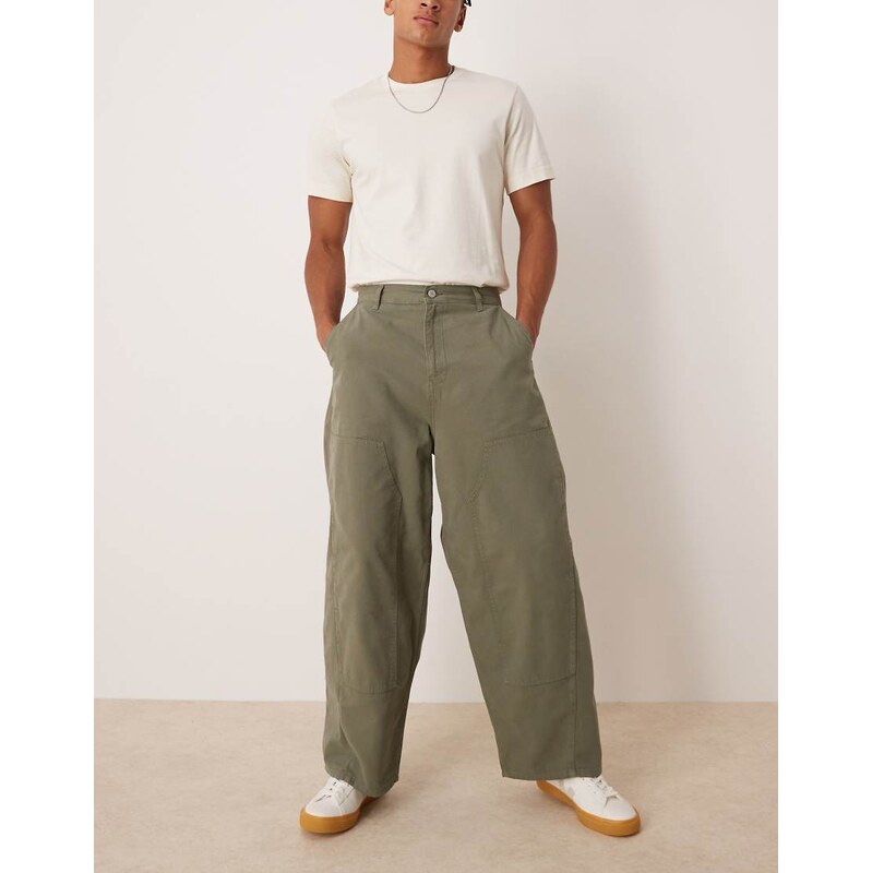 ASOS DESIGN oversized baggy trousers in khaki with carpenter details-Green