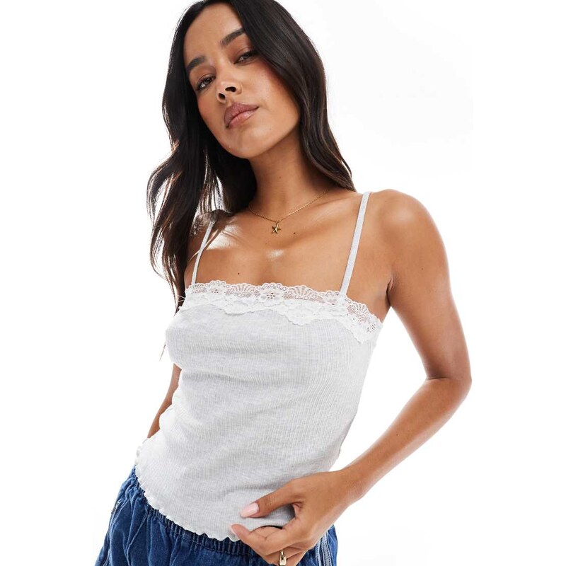 Miss Selfridge lace trim rib cami top in light grey 106452510