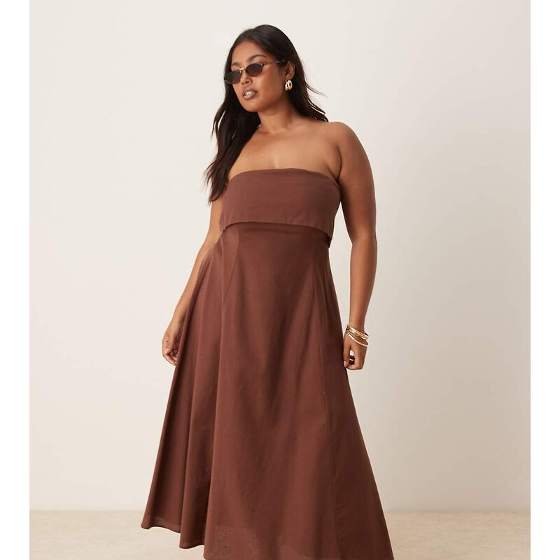 ASOS Curve ASOS DESIGN Curve fold over bandeau midi dress in chocolate 110405642