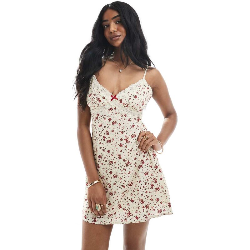 Daisy Street mini slip dress in beige red ditsy floral 106452579