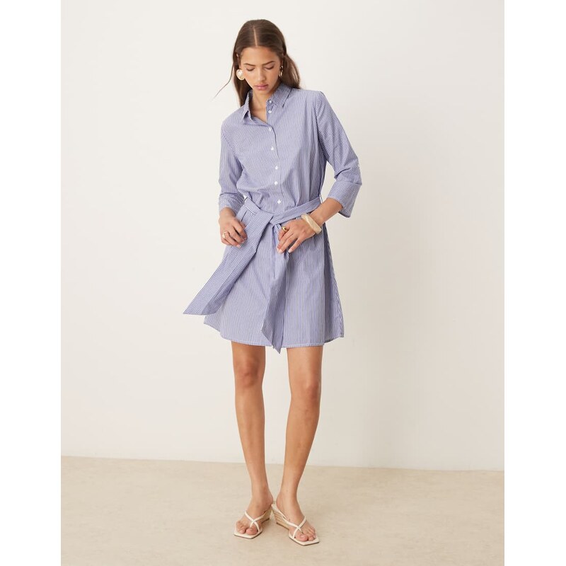 JDY tie waist shirt dress in white & blue pinstripes 106452591