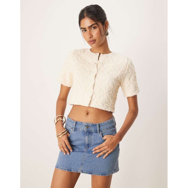 Mango texture knitted short sleeve cropped cardigan in beige