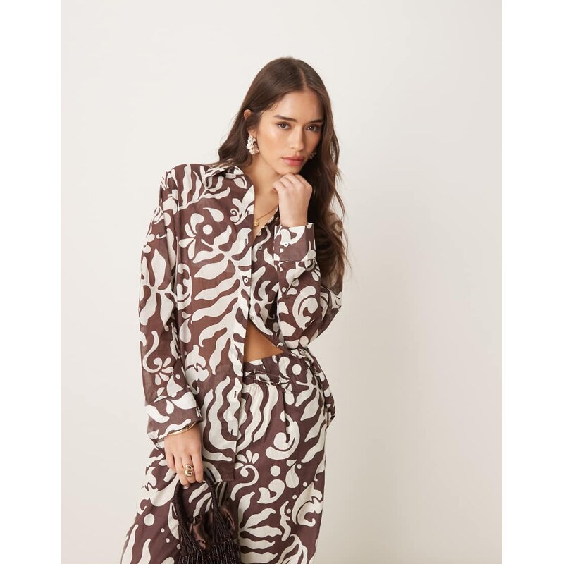 Mango abstract botanical print long sleeve shirt co-ord in brown 106452607