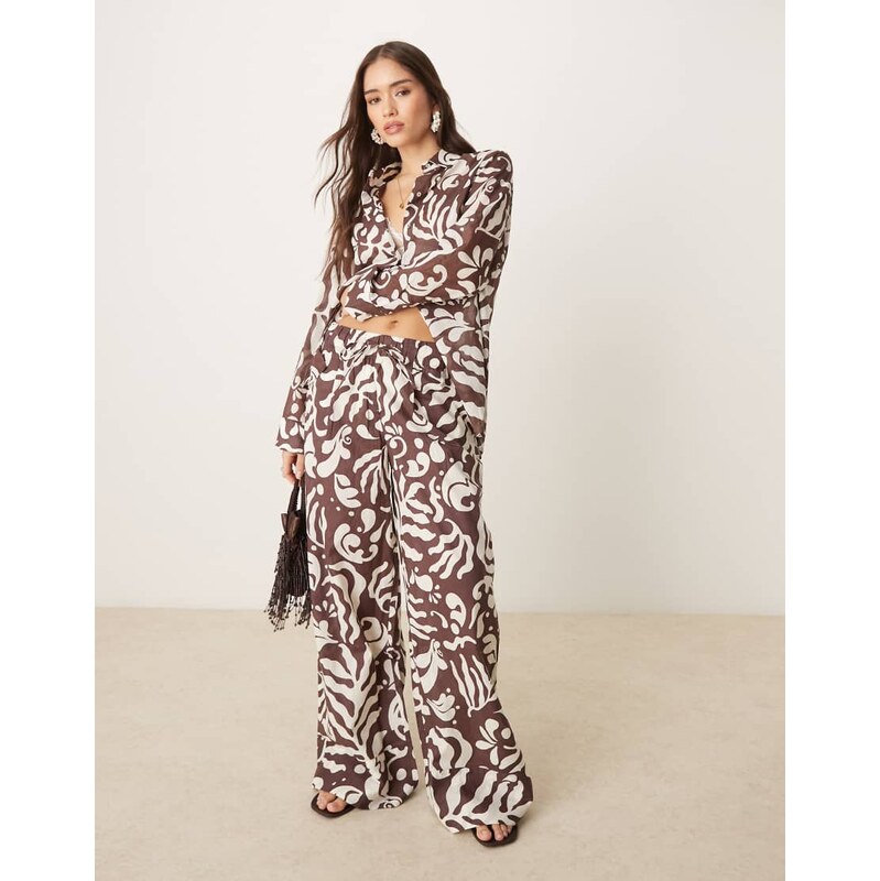Mango abstract botanical print tie waist wide leg trouser co-ord in 106452608