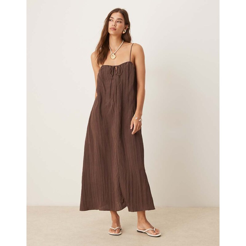 Mango crinkle cami maxi dress in chocolate-Brown 106452627
