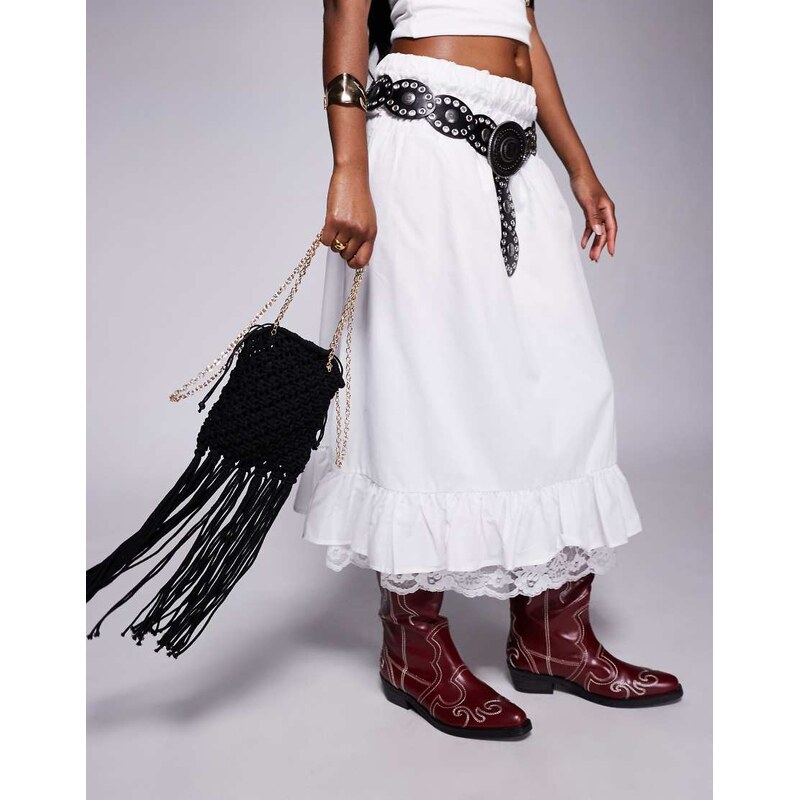 South Beach crochet fringed crossbody phone bag in black 106459061