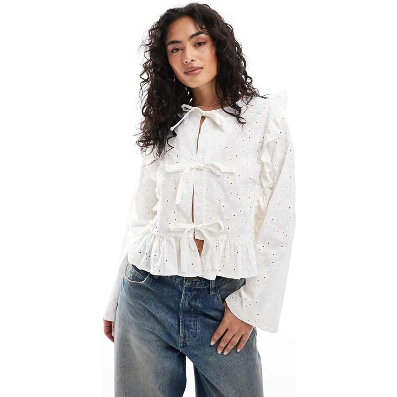 Object tie front long sleeved blouse with ruffles in off white 106519045