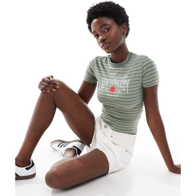 Daisy Street fitted longline baby tee in green stripe 106459233
