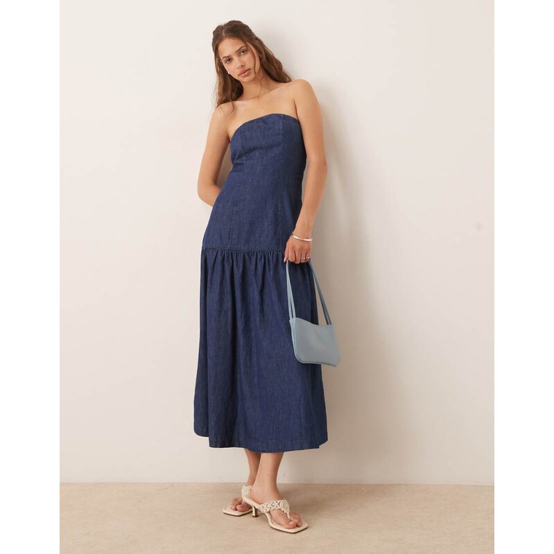 ASOS DESIGN soft denim midi bandeau dress with pleats in rinse