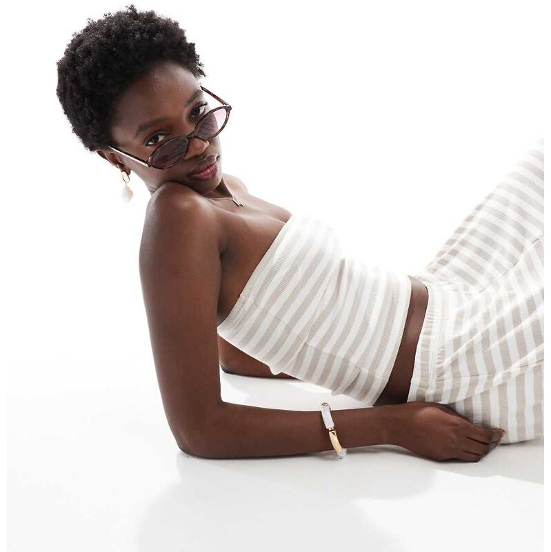Vero Moda ribbed jersey tube top co-ord in beige stripe-White 109693110