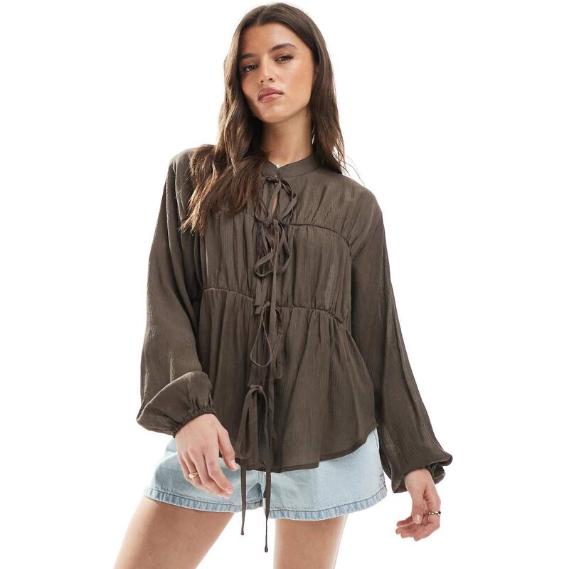 Threadbare tie front long sleeve blouse in brown 106613027