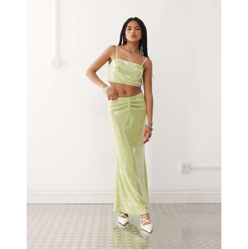 Amy Lynn ruched waist maxi skirt co-ord in lime green sequin 106717555