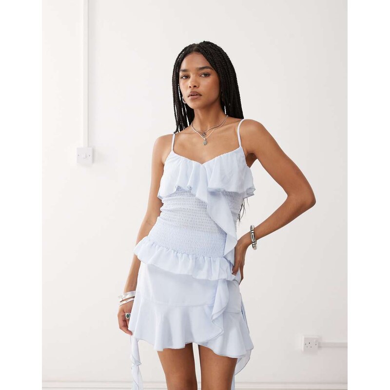 Amy Lynn asymmetric shirred ruffle cami co-ord in baby blue 106717556