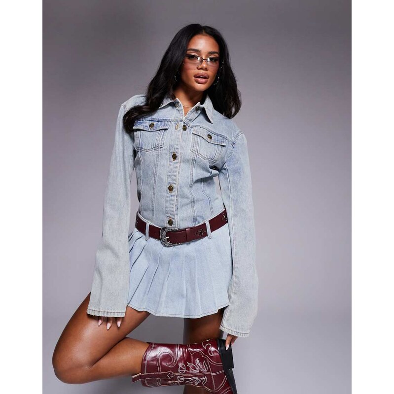 Lioness Rider cinch detail denim jacket co-ord in light wash denim 114584392