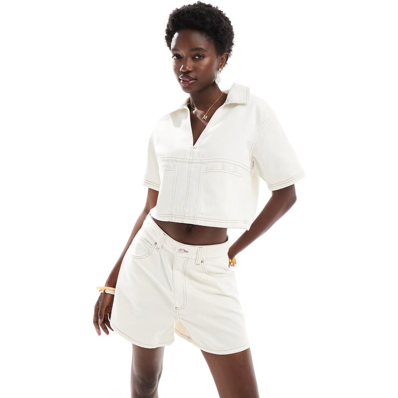 ASOS DESIGN denim rugby top in ecru co-ord-White