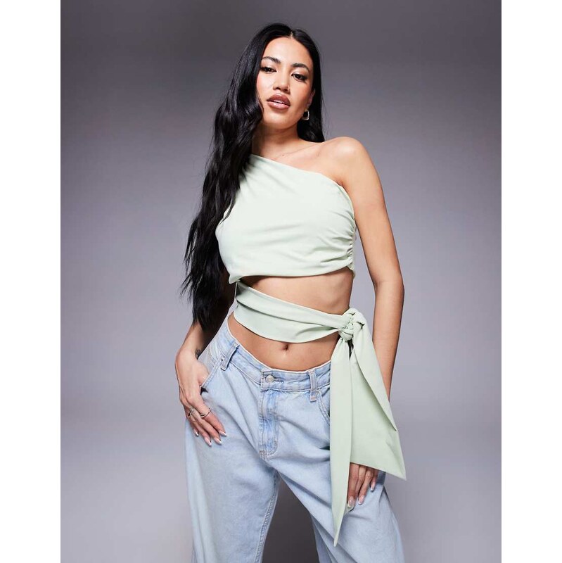 ASOS DESIGN clean one shoulder tie side top in pistachio-Green 106459191
