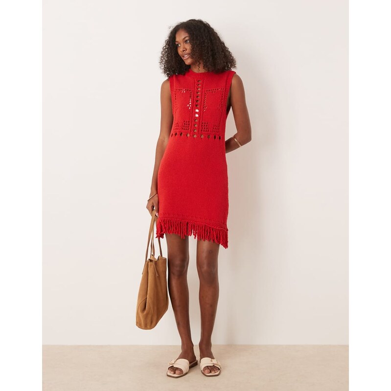 ASOS DESIGN fringe mini dress with open stitch detail in red