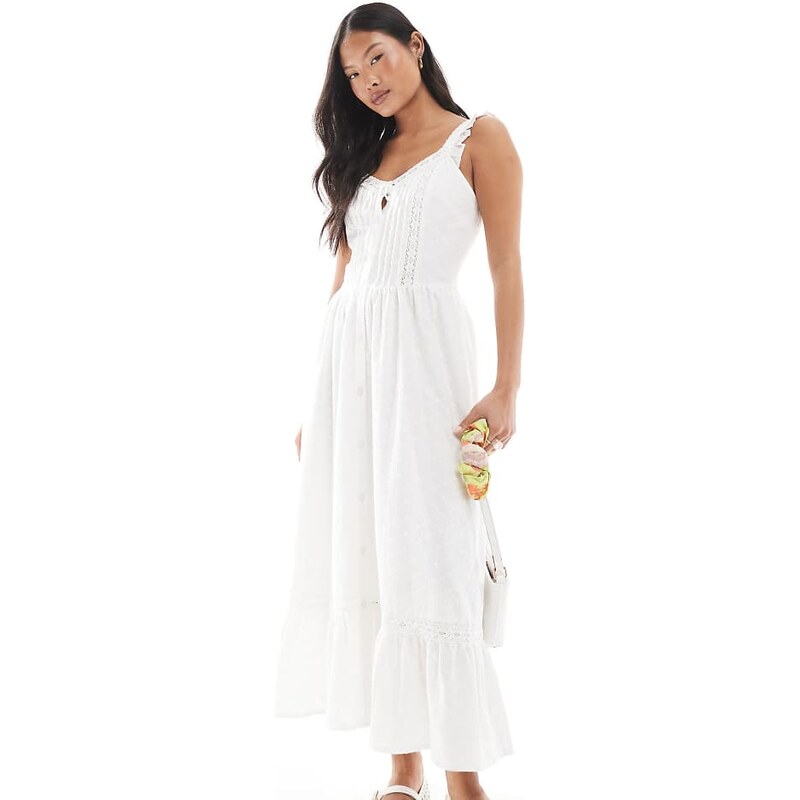 Miss Selfridge Petite broderie milkmaid maxi dress in white 108169459