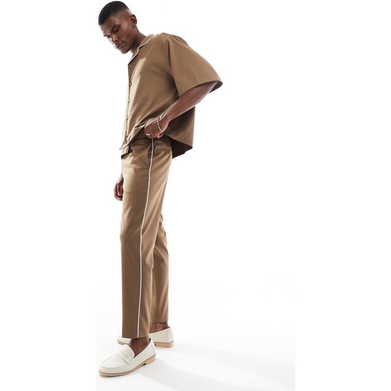 ASOS DESIGN smart tapered trousers with side piping in camel