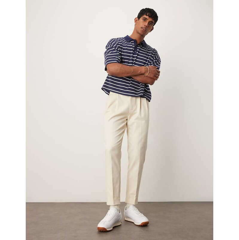 ASOS DESIGN smart tapered trousers with exposed button in beige