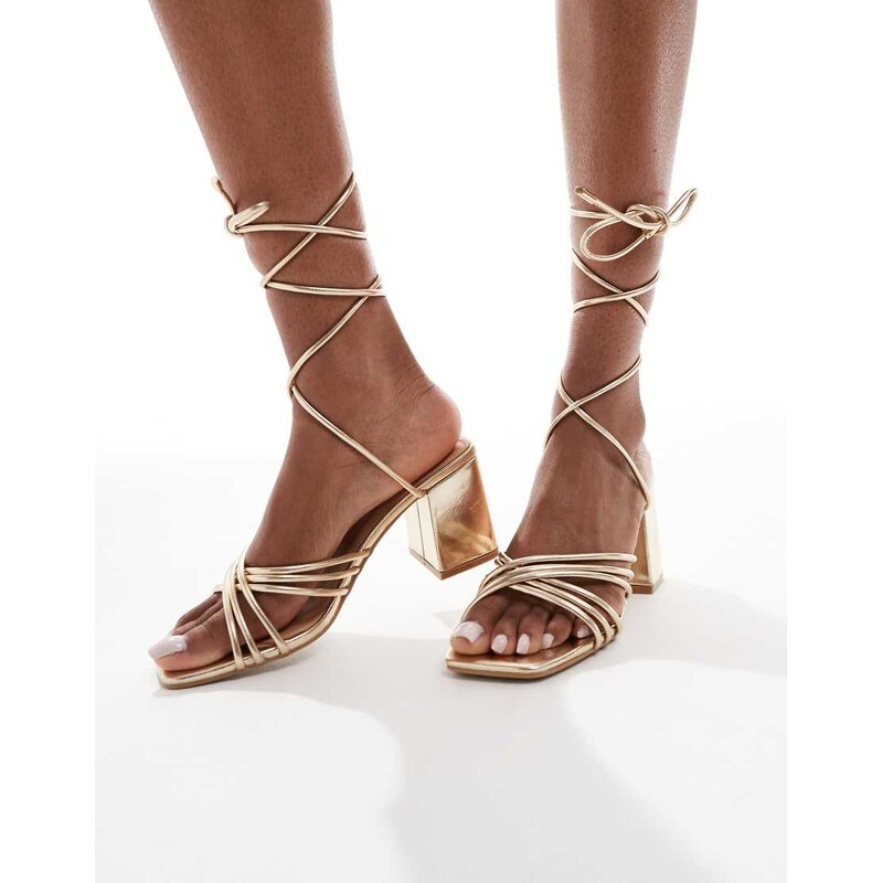 SEQWL mid block heel sandals in gold pu