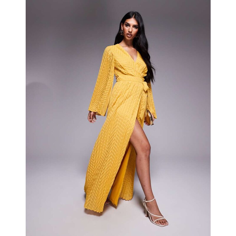 TFNC jacquard pleated wrap maxi dress in marigold-Yellow