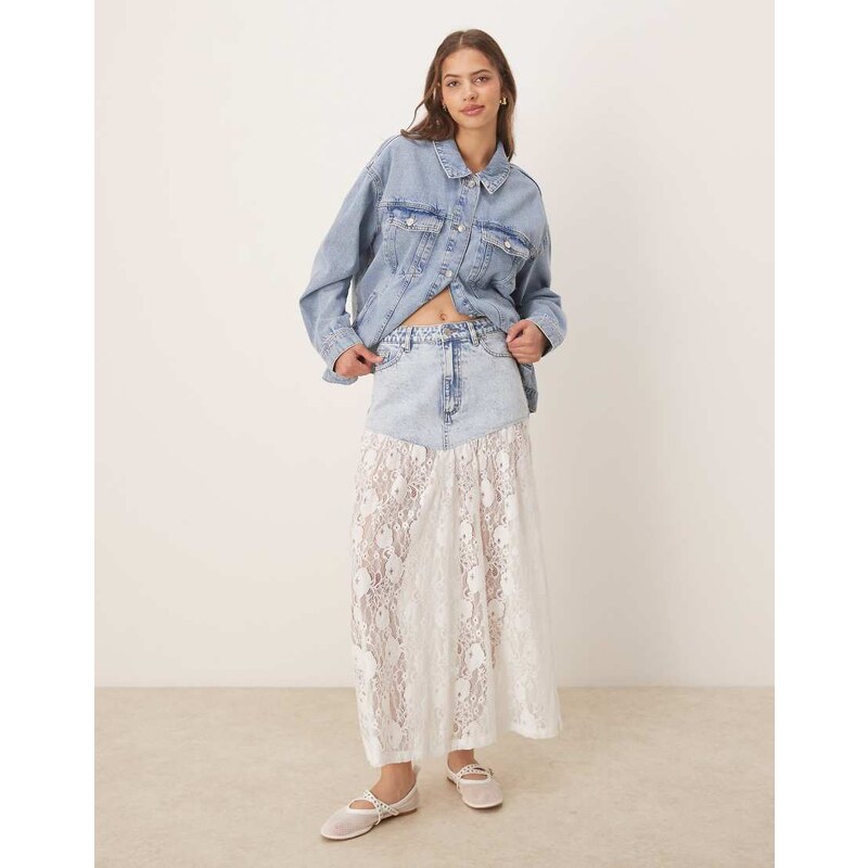 ASOS DESIGN denim maxi skirt in lightwash blue with lace hem
