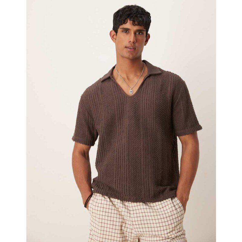 ASOS DESIGN boxy relaxed polo with open collar in brown texture