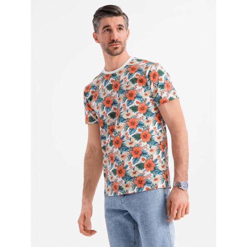 Ombre Clothing Pánské bílé tričko s květinovým potiskem V1 TSFP