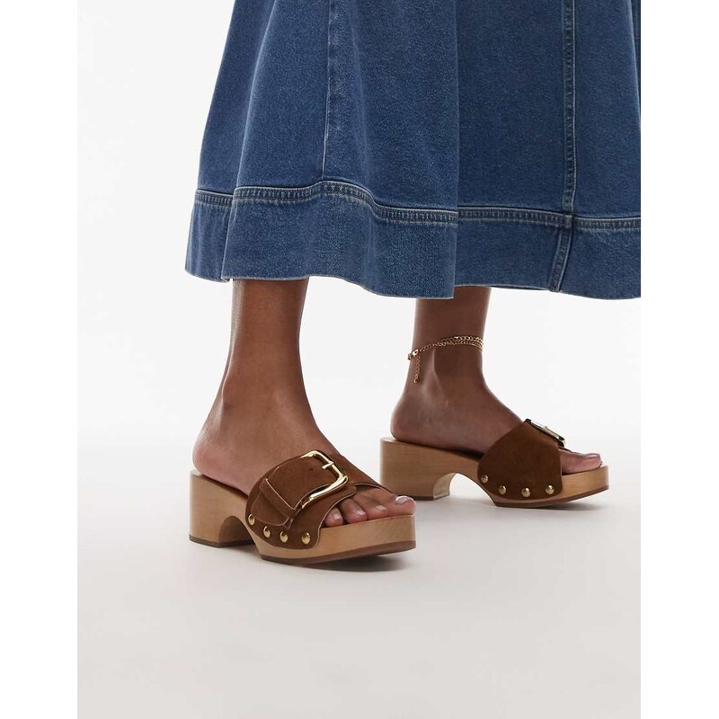 ARKET wooden heeled clogs with real suede strap and gold buckle