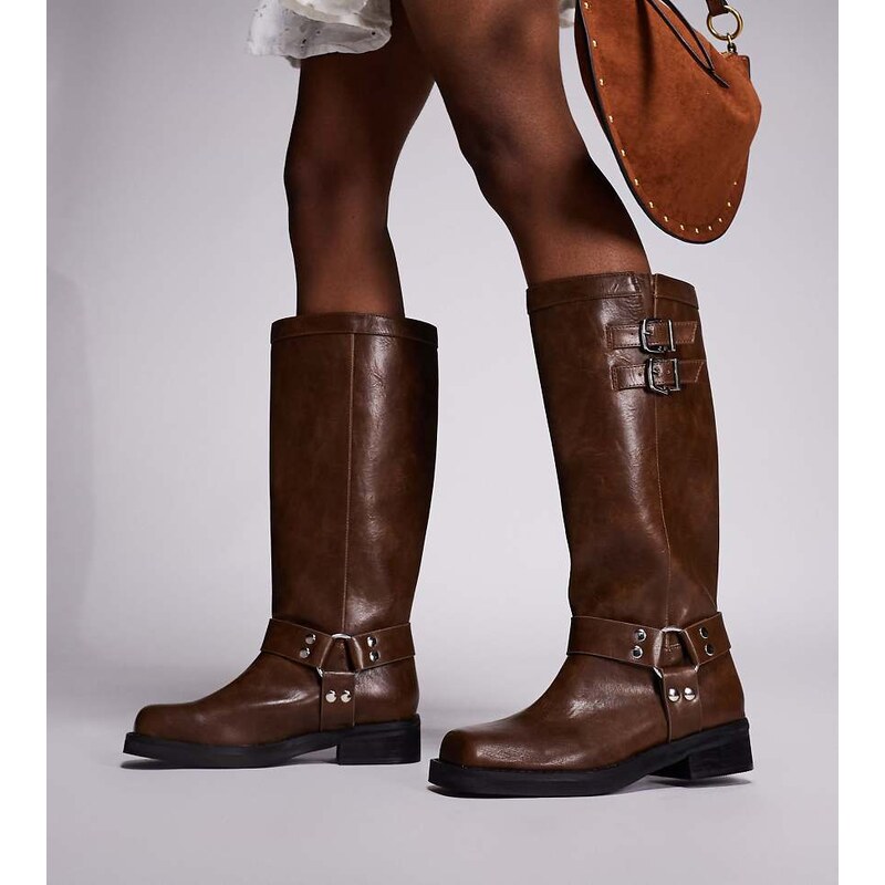Public Desire Wide Fit Sirus flat harness knee boots in Tan