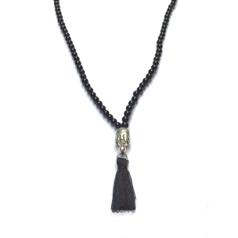 Pánský náhrdelník Shiny glass black, Buddha stříbrný, ponpon Mou Jewel