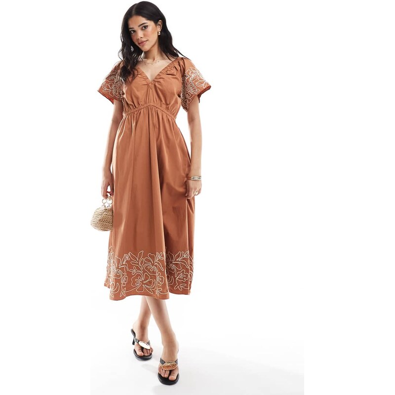 French Connection Cambria cotton embroidered midi dress in coffee 106508718