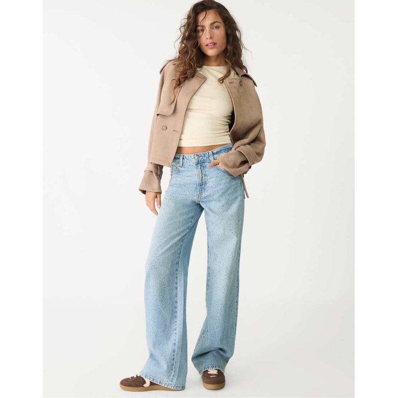 Stradivarius straight fit jeans with rhinestones in medium blue