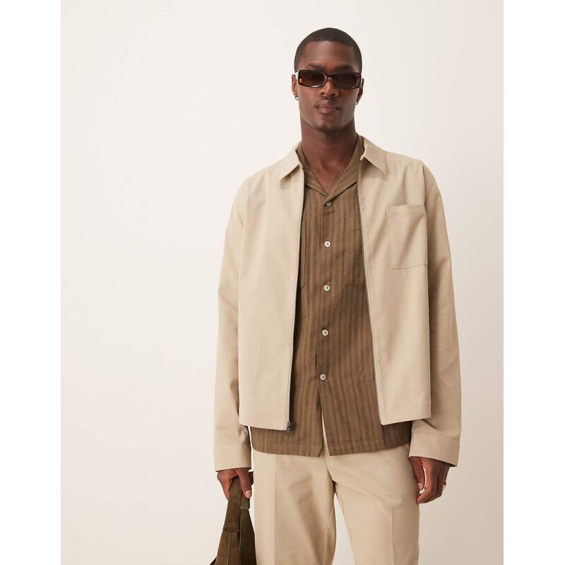 ASOS DESIGN smart co-ord harrington jacket in stone rib-Green