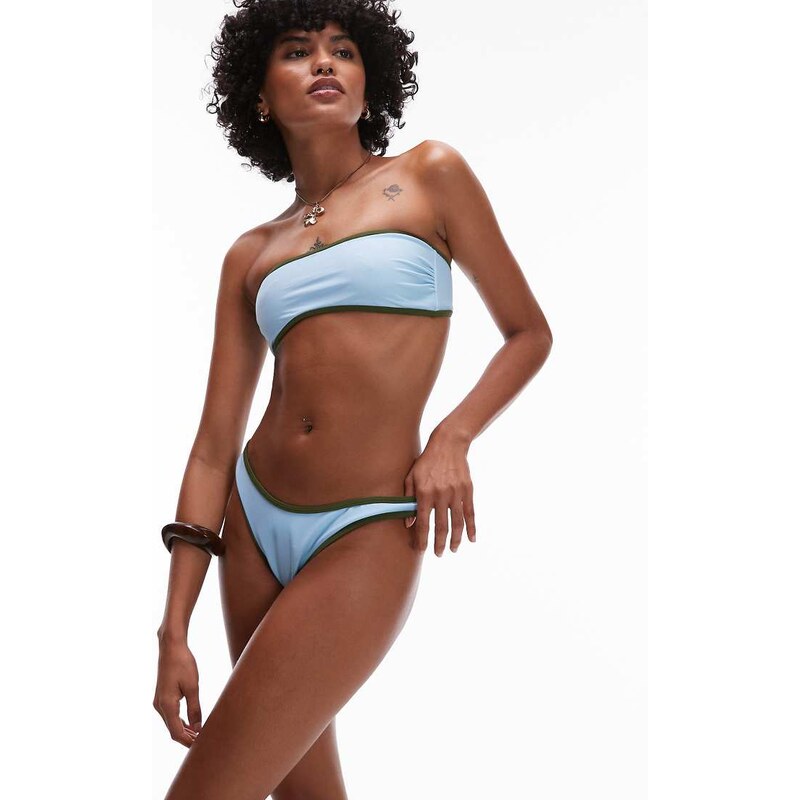 Topshop LA high leg brief bikini bottoms in blue and green-No