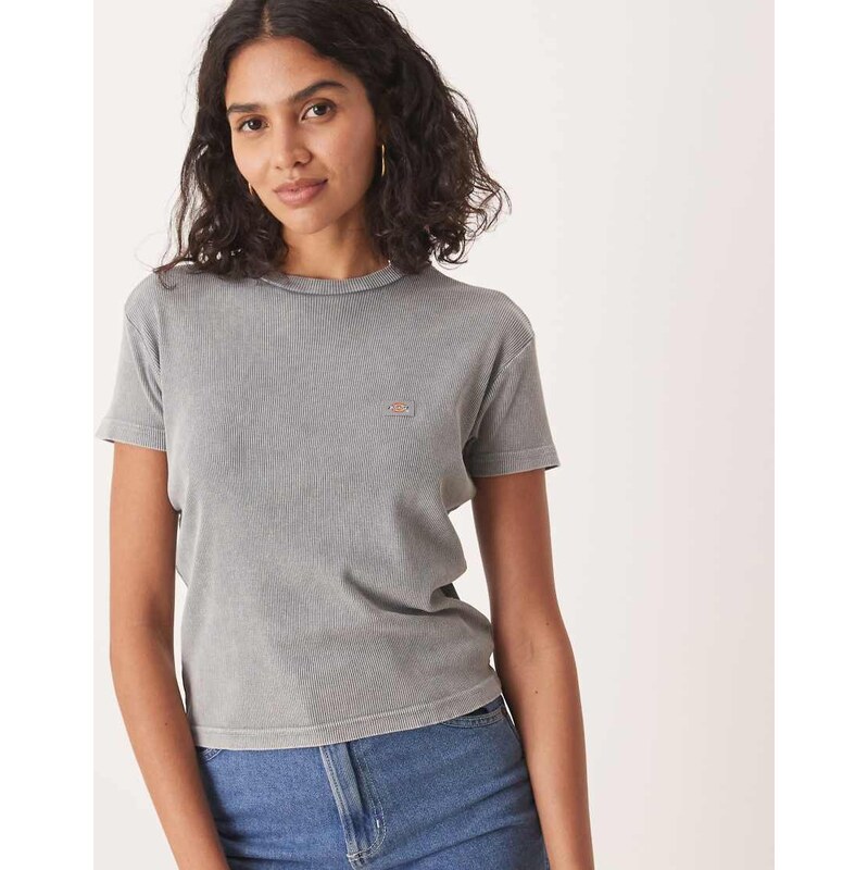 Dickies glacier view ribbed long line baby tee in washed light grey 106518818