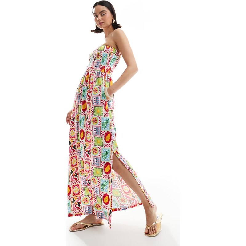 Threadbare bandeau midi dress with shirred bust in postcard print 106518828