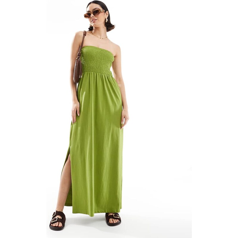 Threadbare bandeau midi dress with shirred bust in olive green 106605908