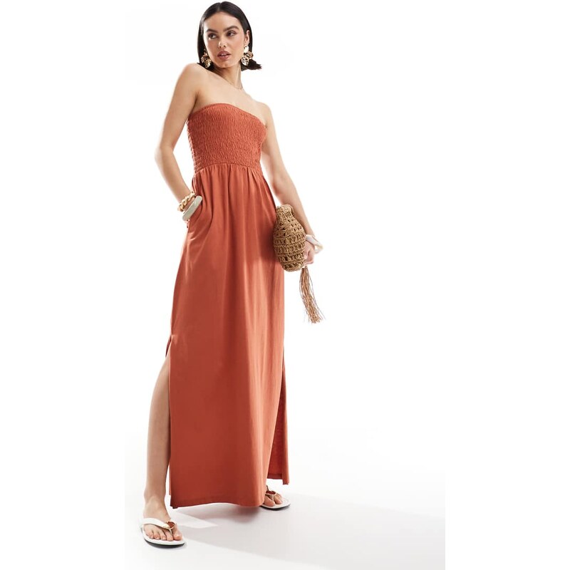 Threadbare bandeau midi dress with shirred bust in rust-Auburn 106518837