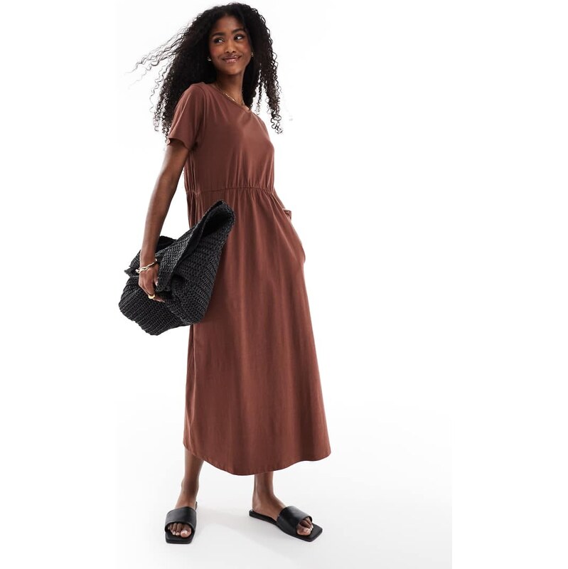 Threadbare short sleeve jersey midi dress with pockets in brown 112746149