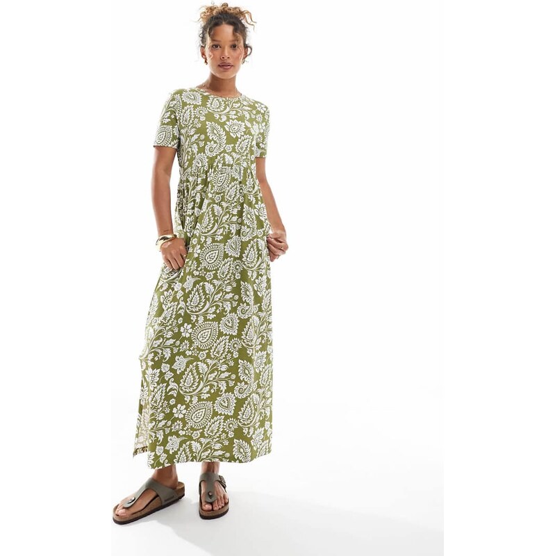 Threadbare short sleeve jersey midi dress with drop waist in khaki 106518843